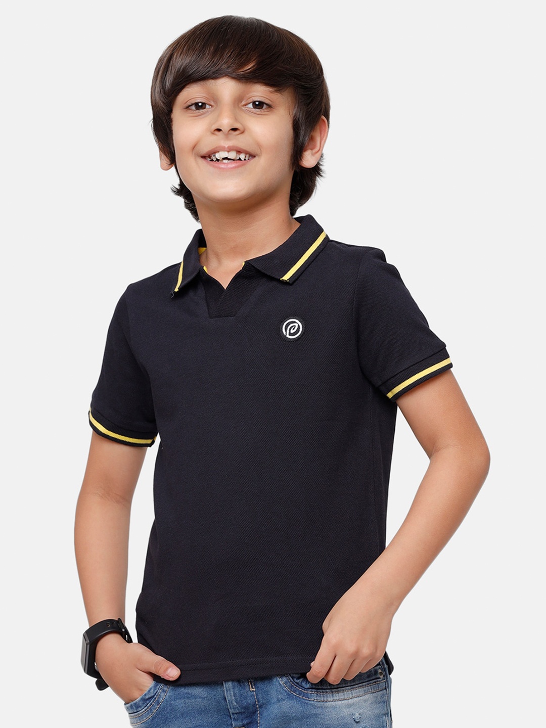 

PIPIN Boys Navy Blue Solid Polo Collar Pure Cotton T-shirt