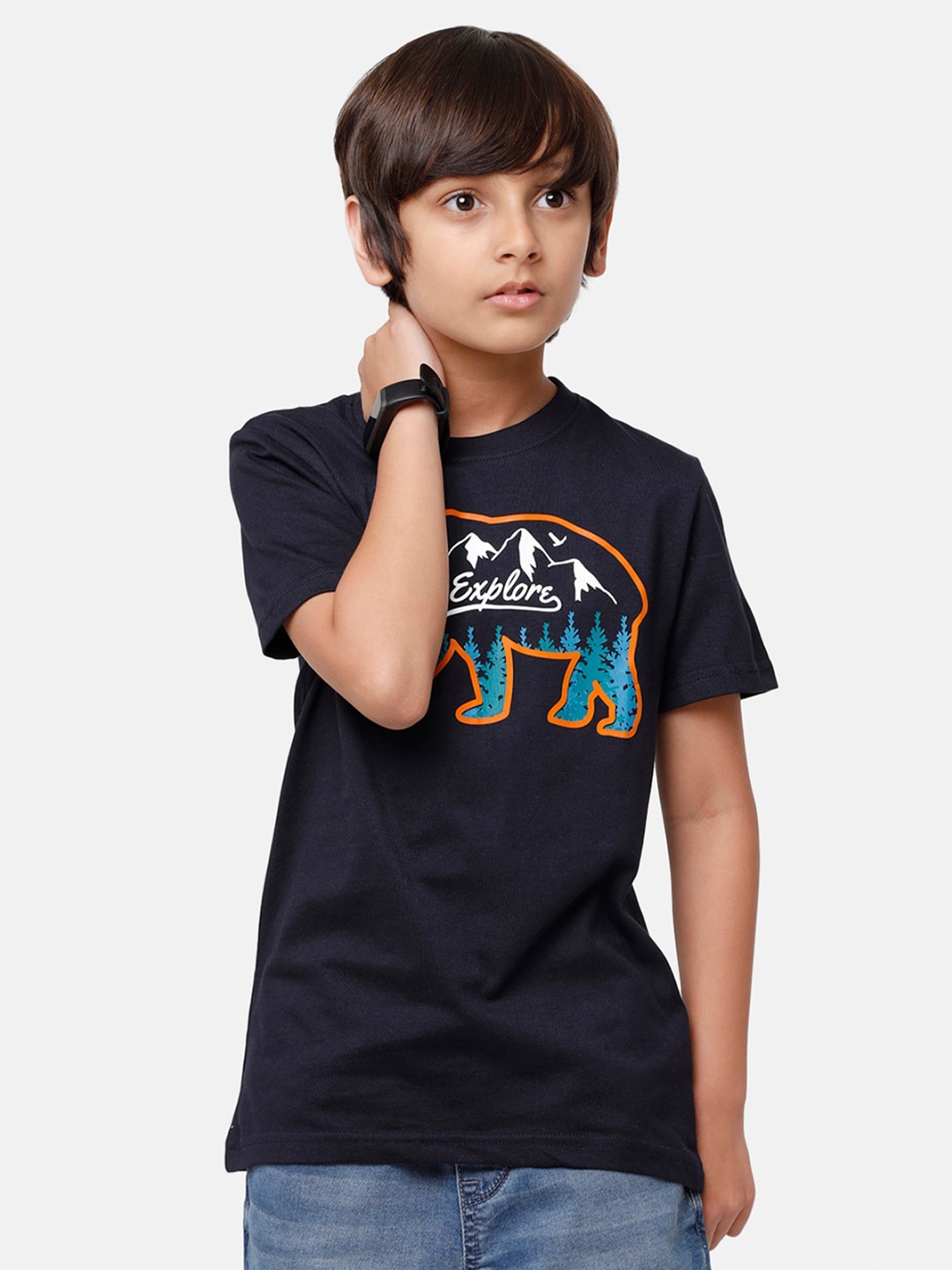 

PIPIN Boys Navy Blue & White Typography Print Pure Cotton T-shirt