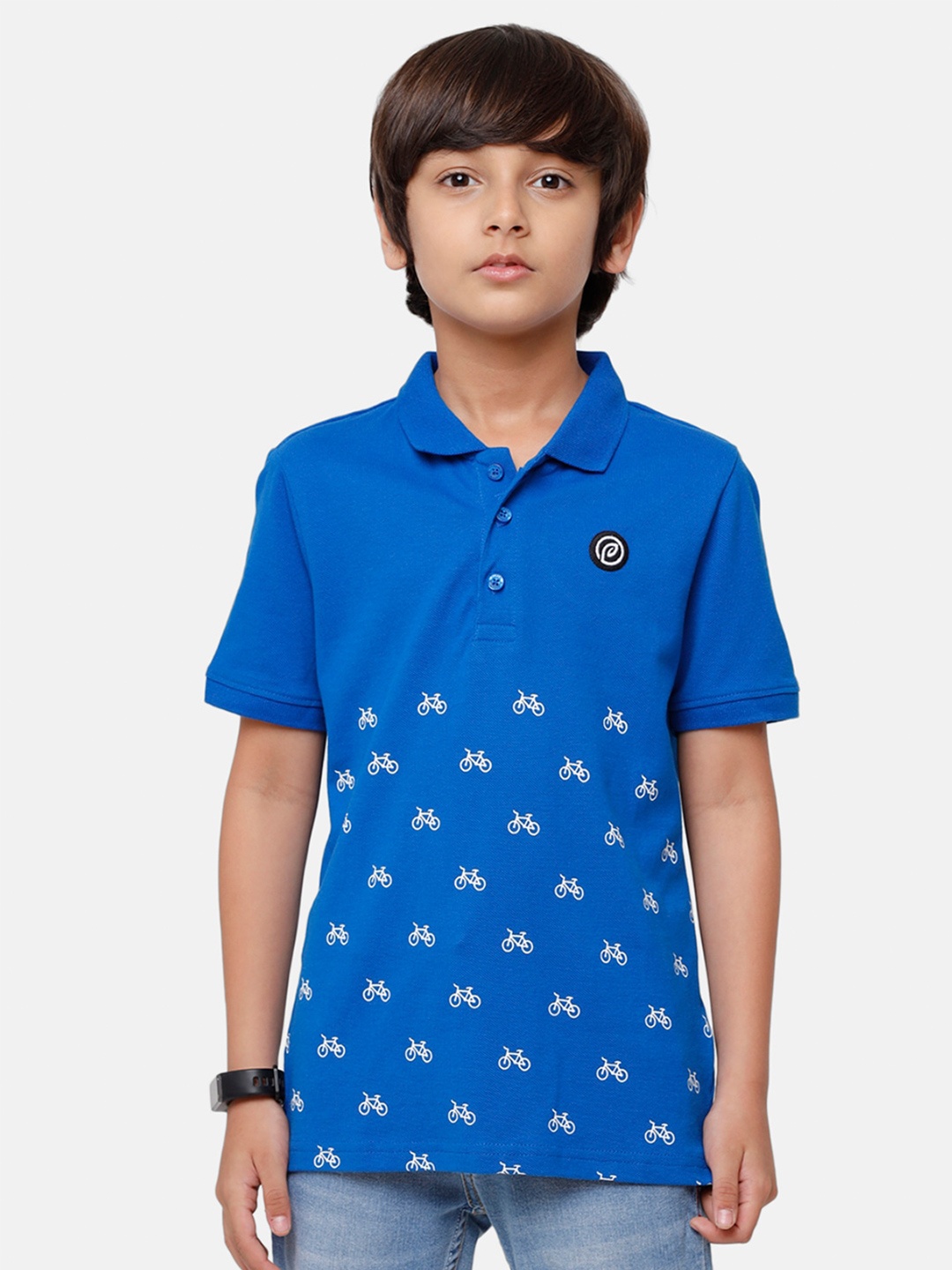 

PIPIN Boys Blue & White Cycle Print Pure Cotton Polo Collar T-shirt