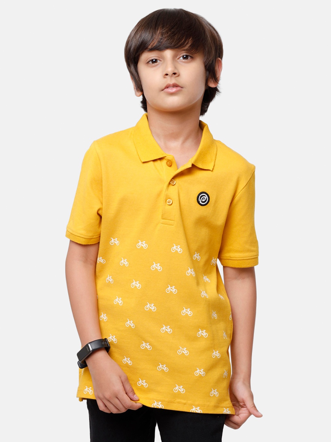 

PIPIN Boys Mustard Yellow & White Cycle Print Pure Cotton Polo Collar T-shirt