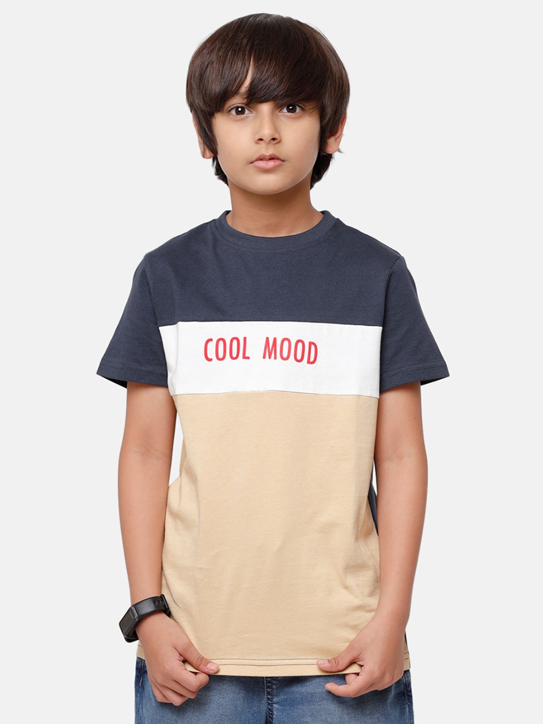 

PIPIN Boys Beige & Charcoal Grey Colourblocked Pure Cotton T-shirt