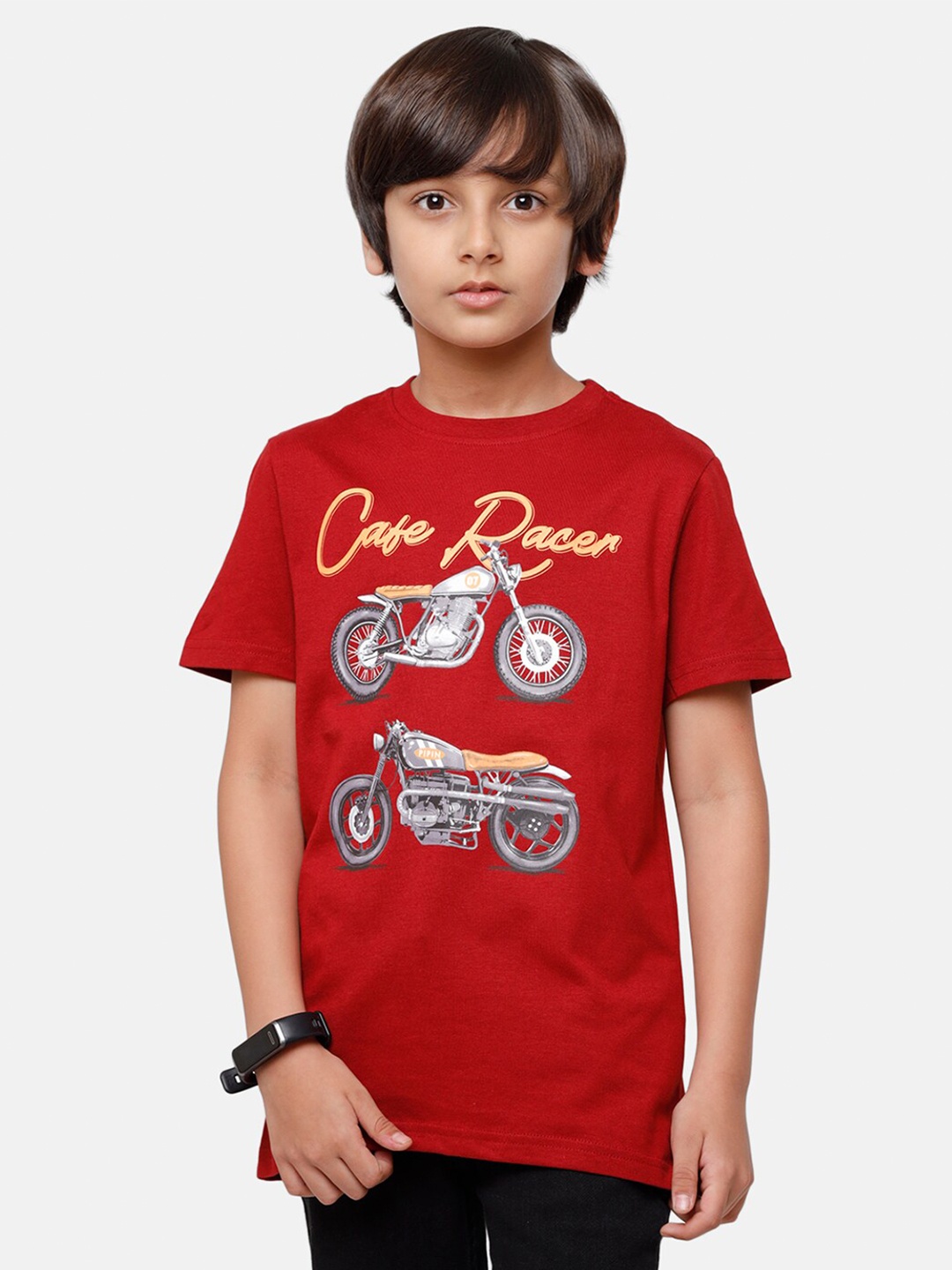 

PIPIN Boys Maroon & Yellow Biker Print Pure Cotton T-shirt