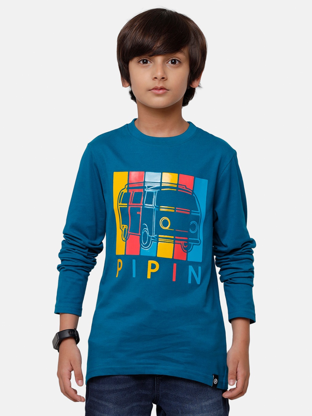 

PIPIN Boys Navy Blue & Mustard Yellow Brand Logo Print Pure Cotton T-shirt