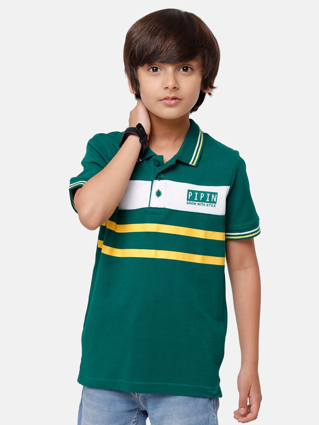 

PIPIN Boys Green & White Striped & Brand Logo Print Pure Cotton Polo Collar T-shirt