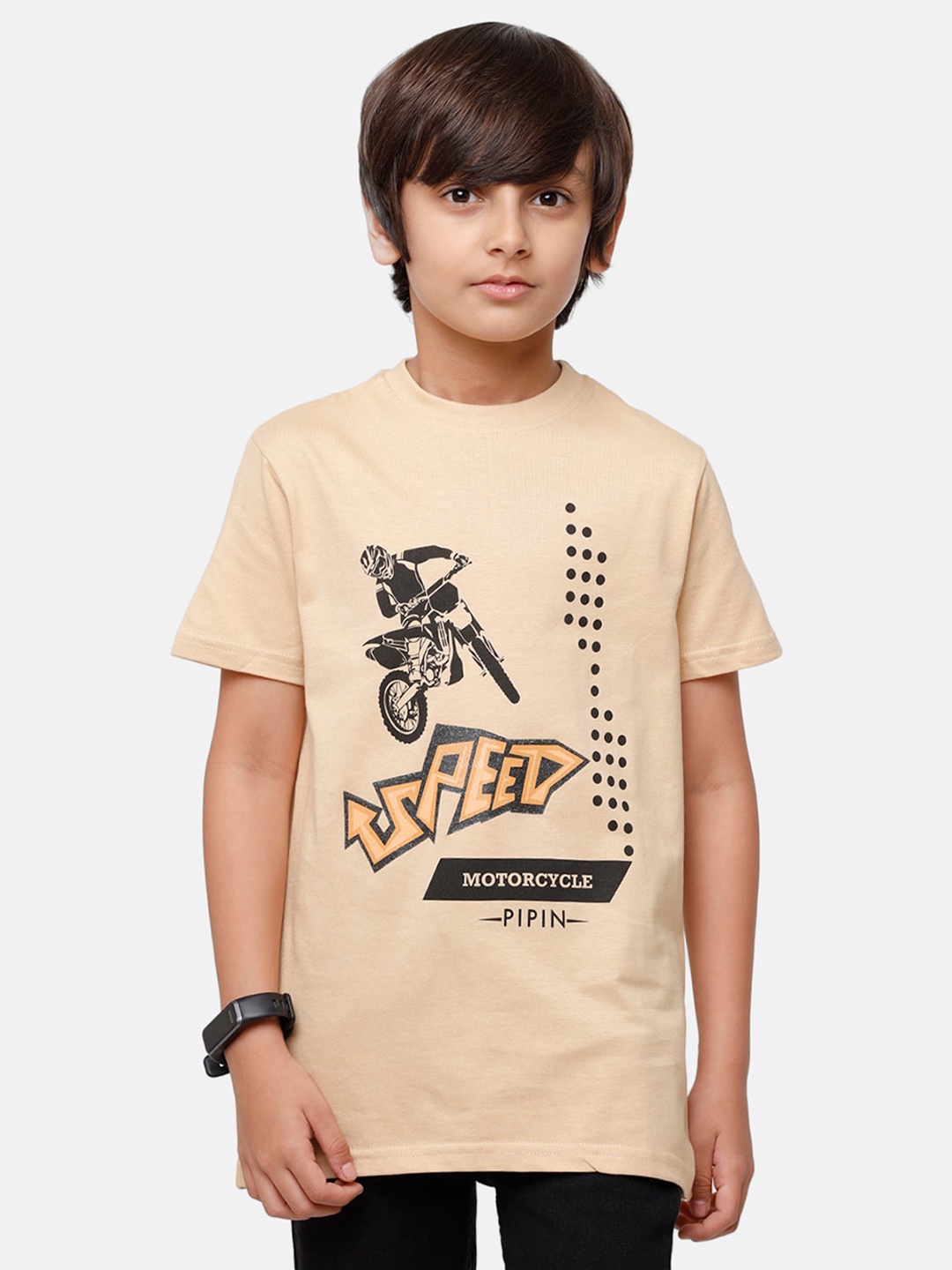 

PIPIN Boys Beige & Black Motorcycle & Brand Logo Print Pure Cotton T-shirt