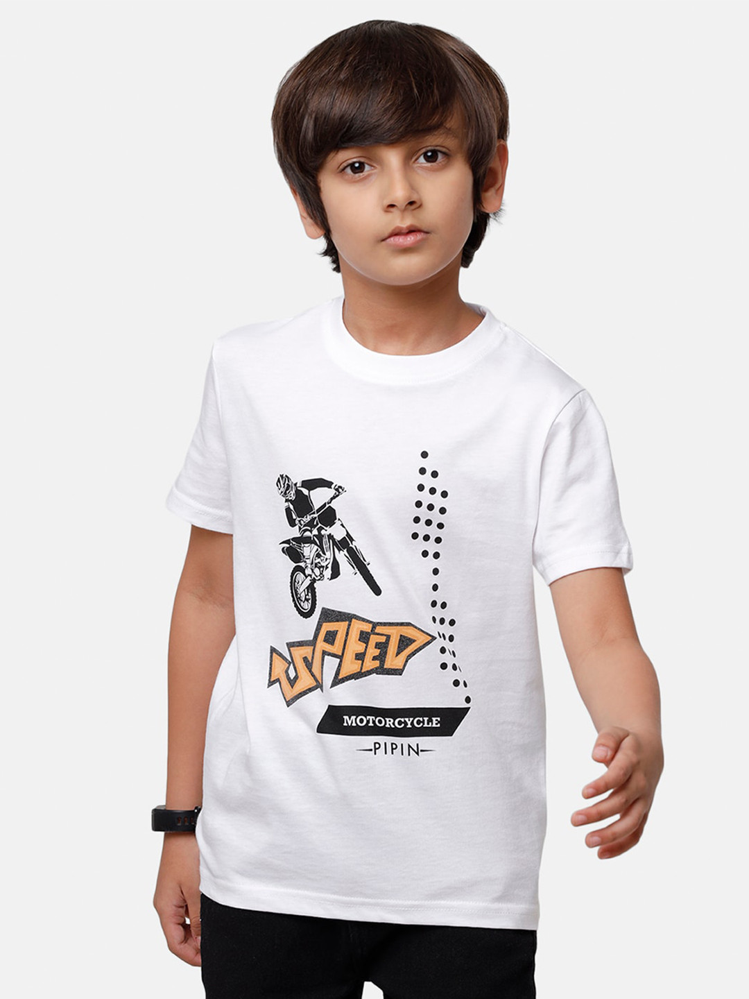 

PIPIN Boys White Printed Pure Cotton T-shirt