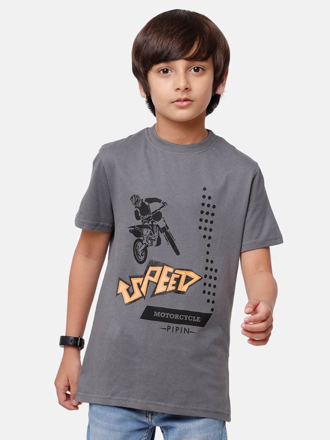 

PIPIN Boys Charcoal Grey & Black Motorcycle & Brand Logo Print Pure Cotton T-shirt