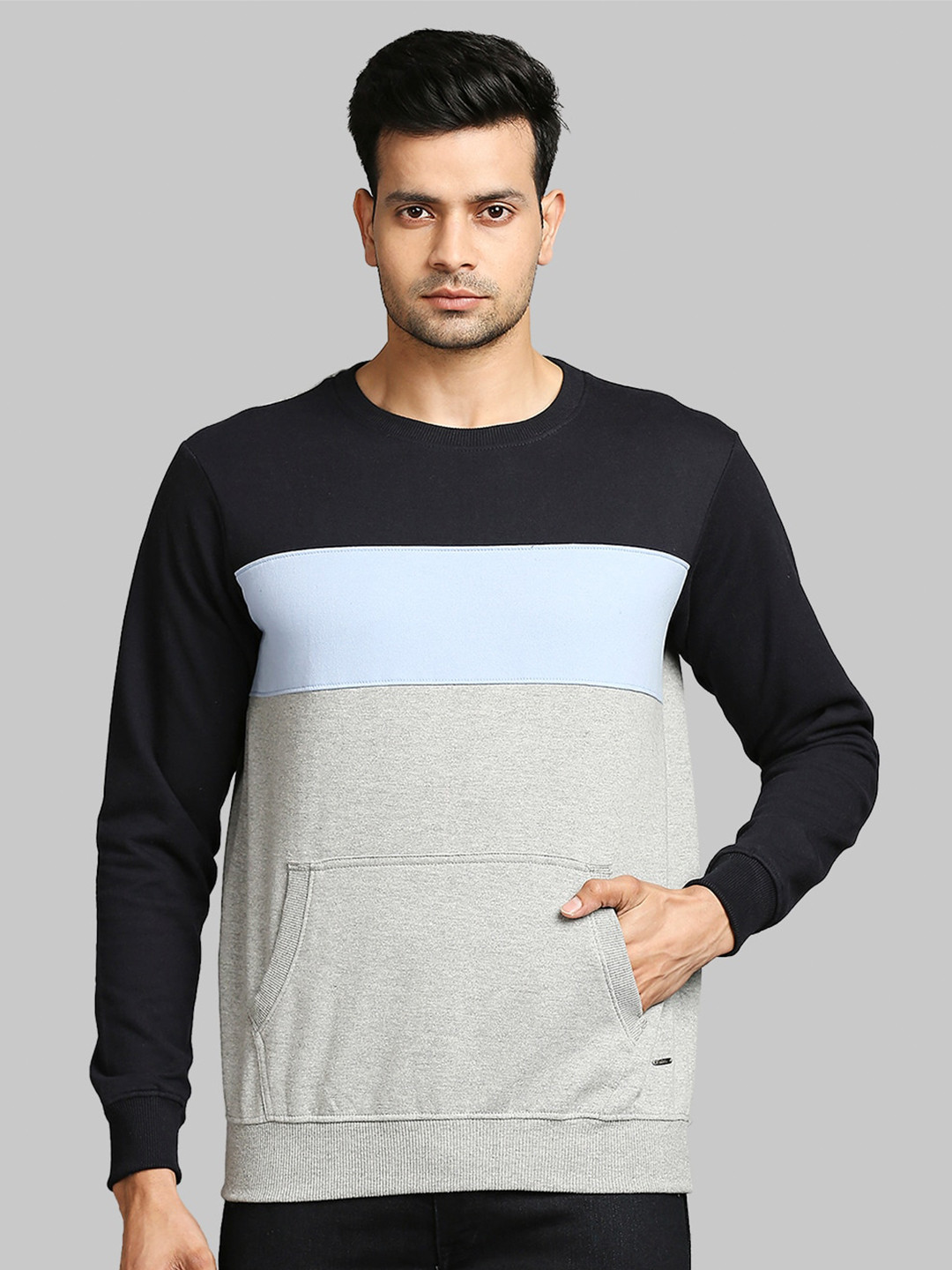 

Parx Men Grey Melange & Black Colourblocked Sweatshirt