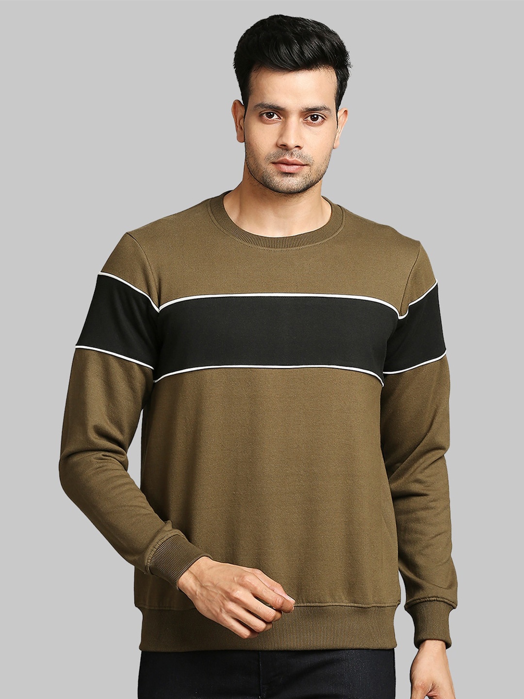 

Parx Men Olive Green & Black Colourblocked Sweatshirt