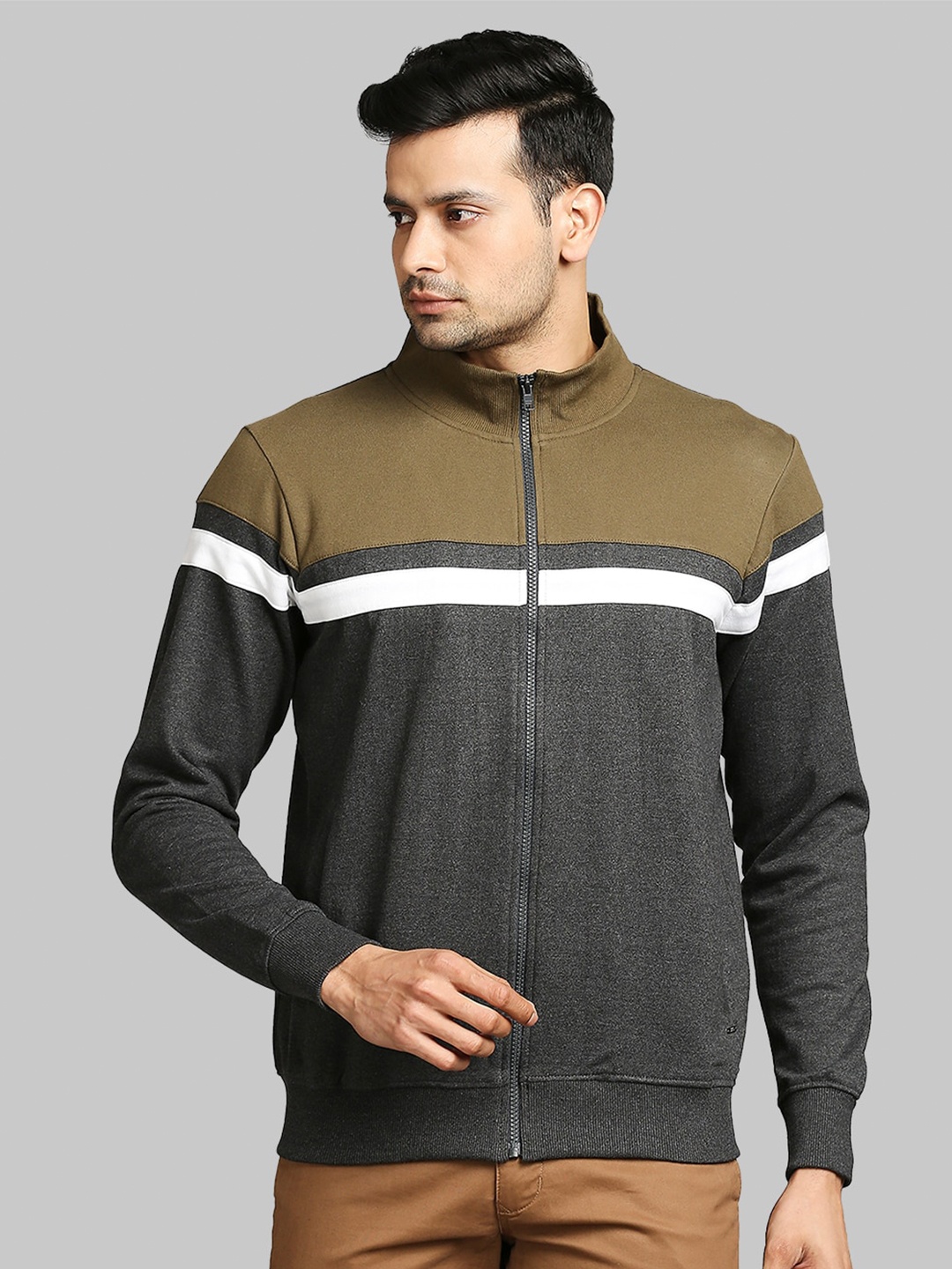 

Parx Men Charcoal Grey & Olive Green Colourblocked Sweatshirt