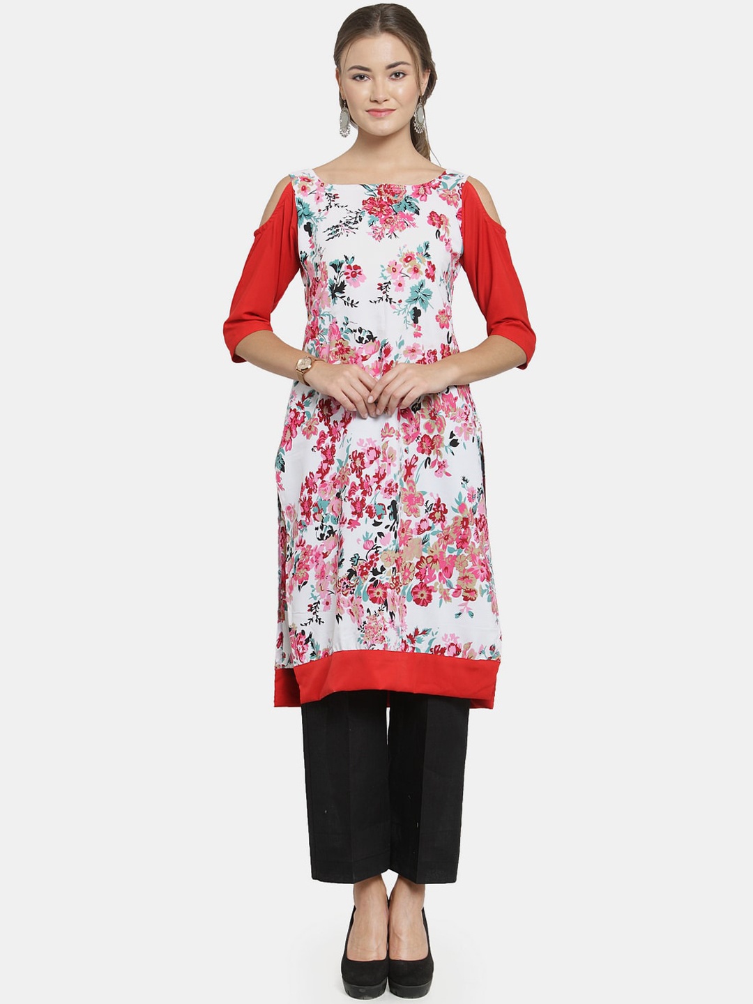 

Sayesha Women White & Red Floral Printed Straight Kurta