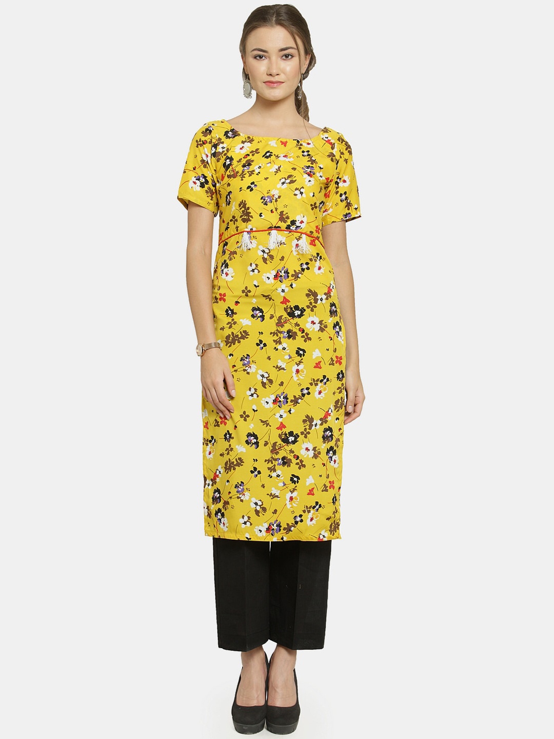

Sayesha Women Yellow & Purple Floral Crepe Straight Kurta