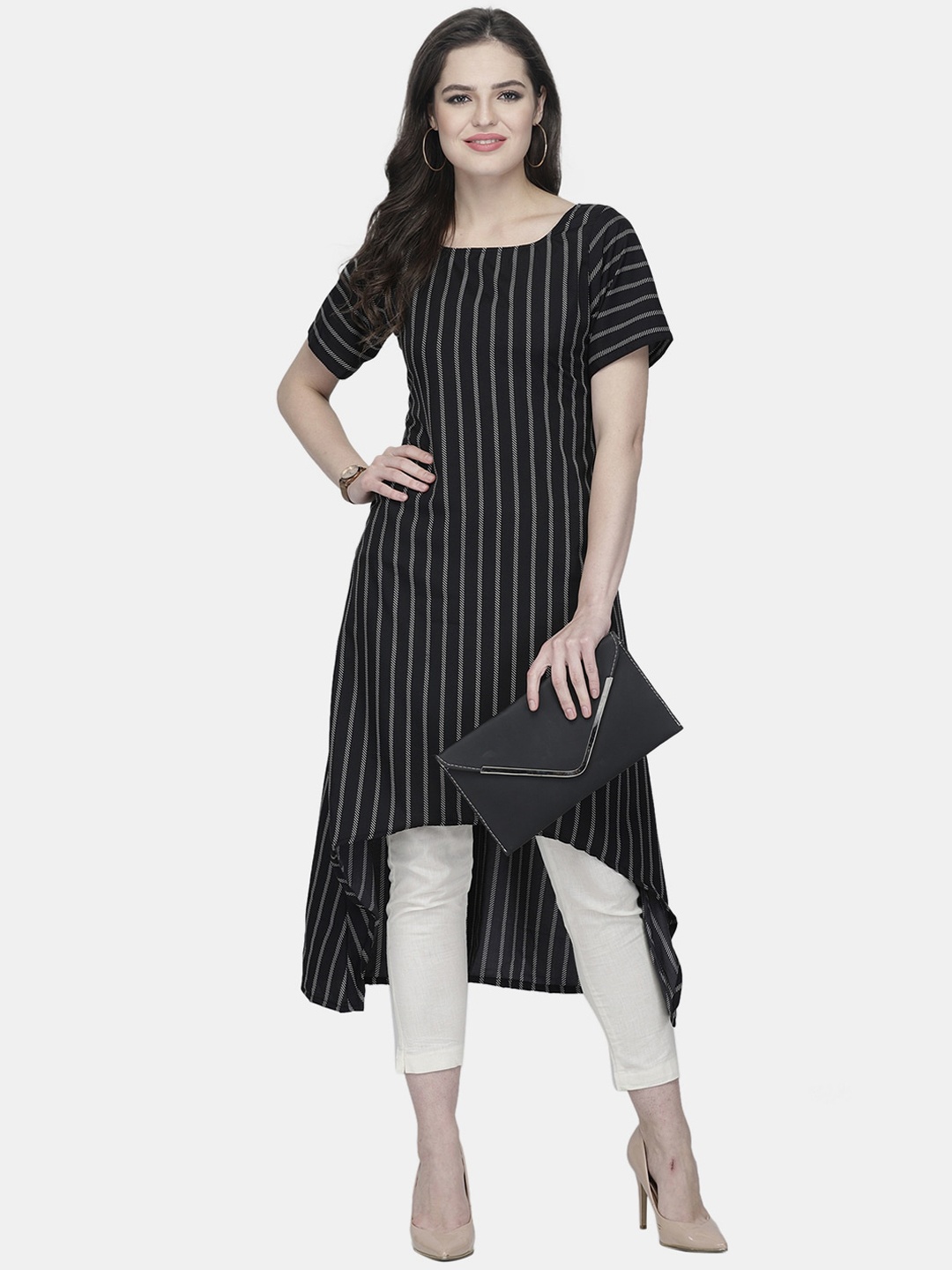 

Sayesha Women Black Striped Asymmetric Hem Crepe Kurta