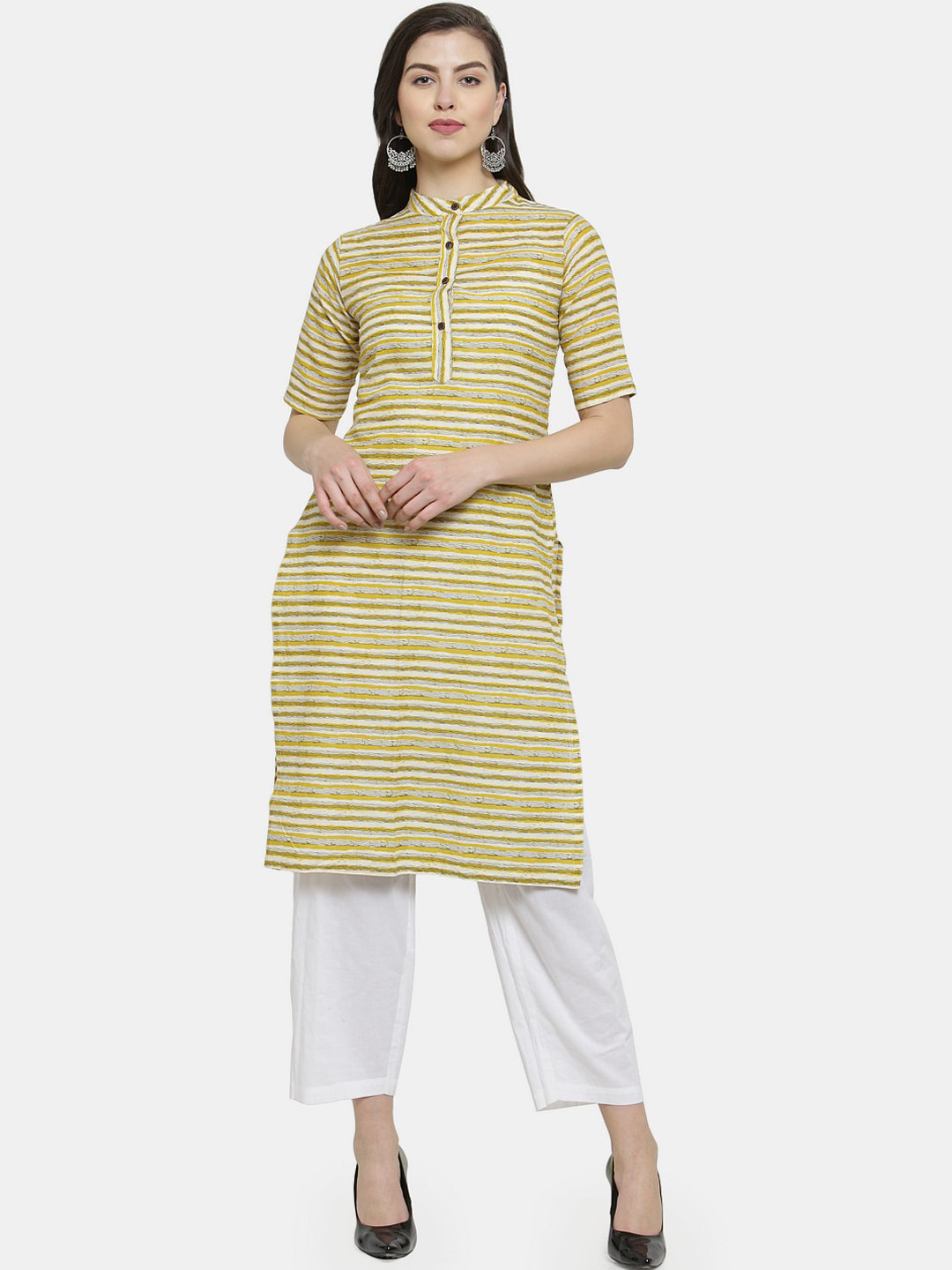 

Sayesha Women Yellow Striped Pure Cotton Kurta