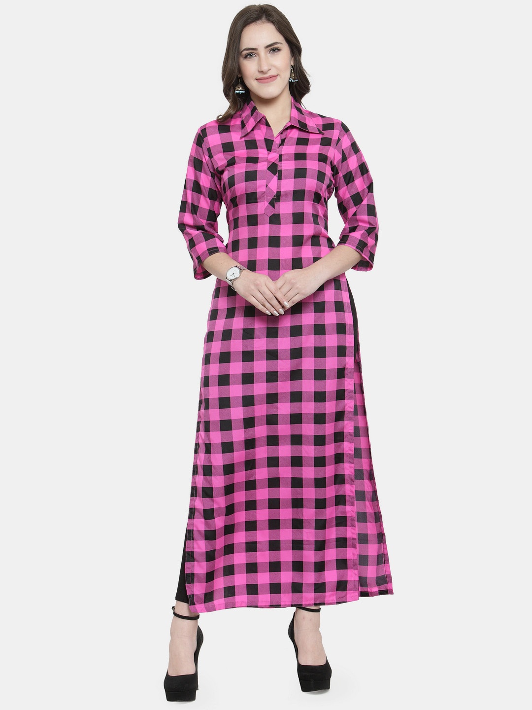 

Sayesha Women Pink & Black Checked Crepe Straight Kurta