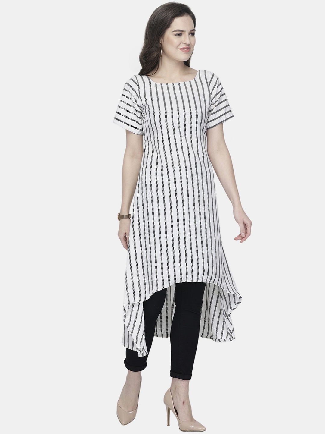 

Sayesha Women White Striped Thread Work Crepe Kurta