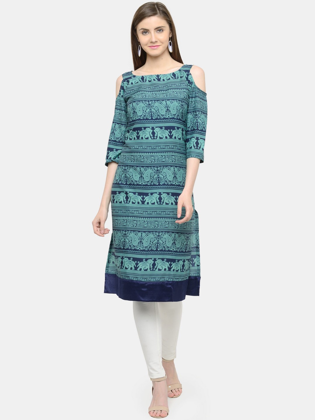 

Sayesha Women Green Ethnic Motifs Printed Cold-Shoulder Sleeves Crepe Kurta