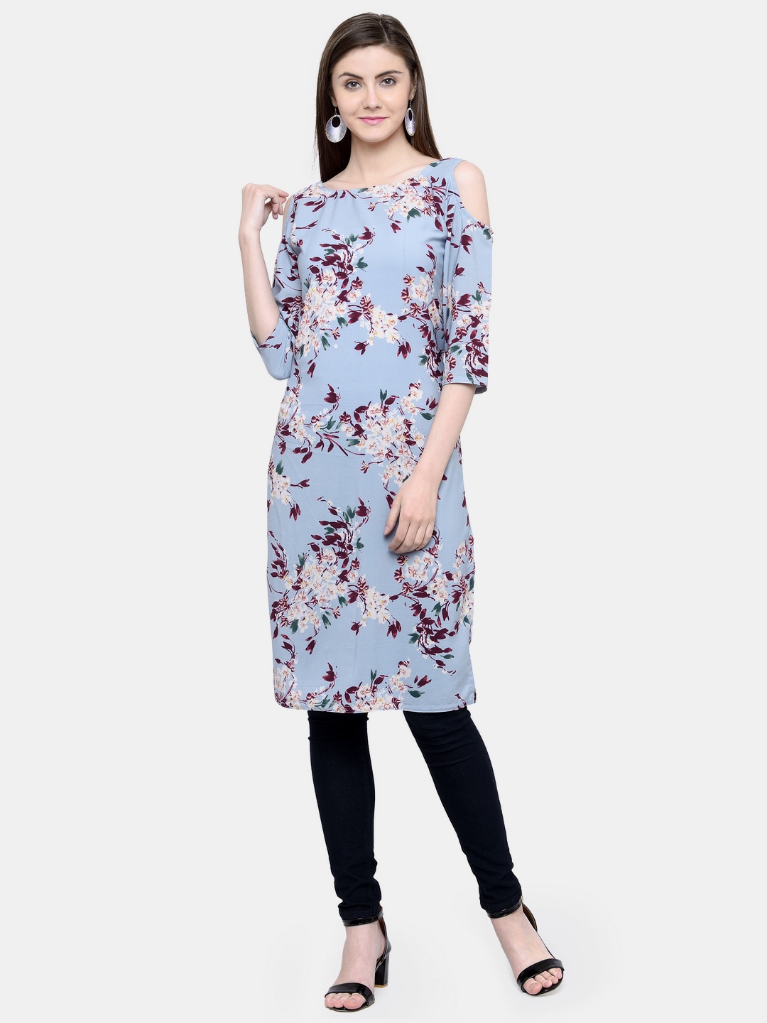 Sayesha Women Blue & Maroon Floral Printed Cold-Shoulder Sleeves Crepe Kurta