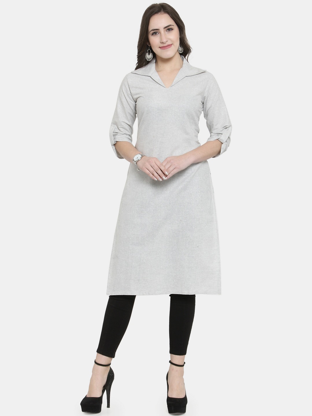 

Sayesha Women Grey Solid Shirt Collar Cotton A-line Kurta