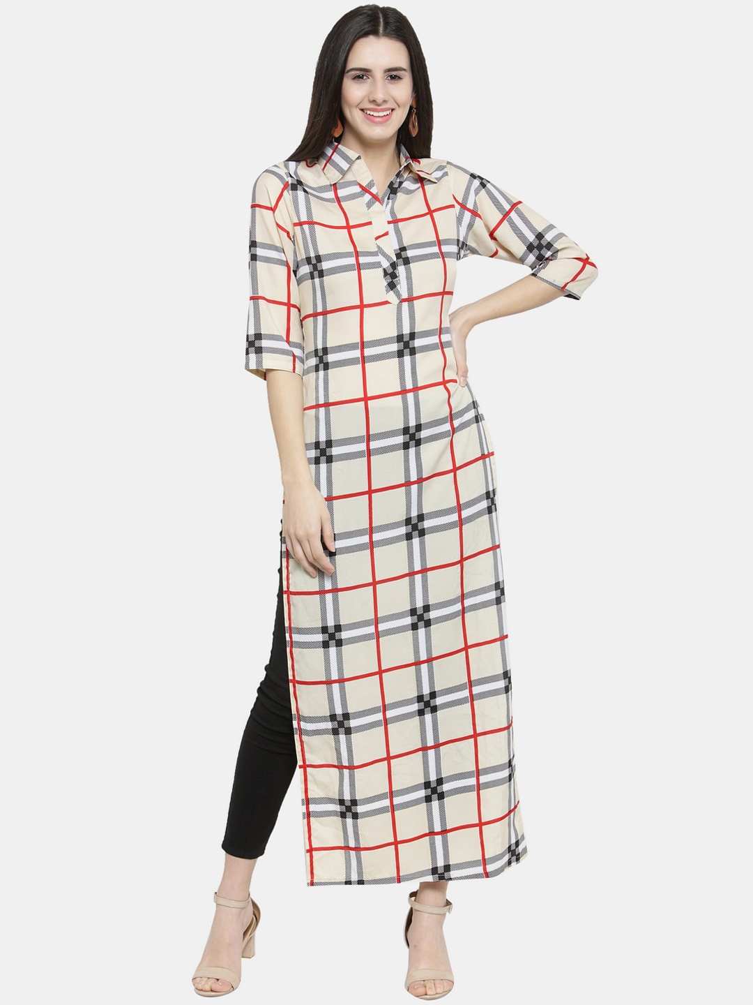 

Sayesha Women Beige Checked Printed Shirt Collar Crepe Kurta