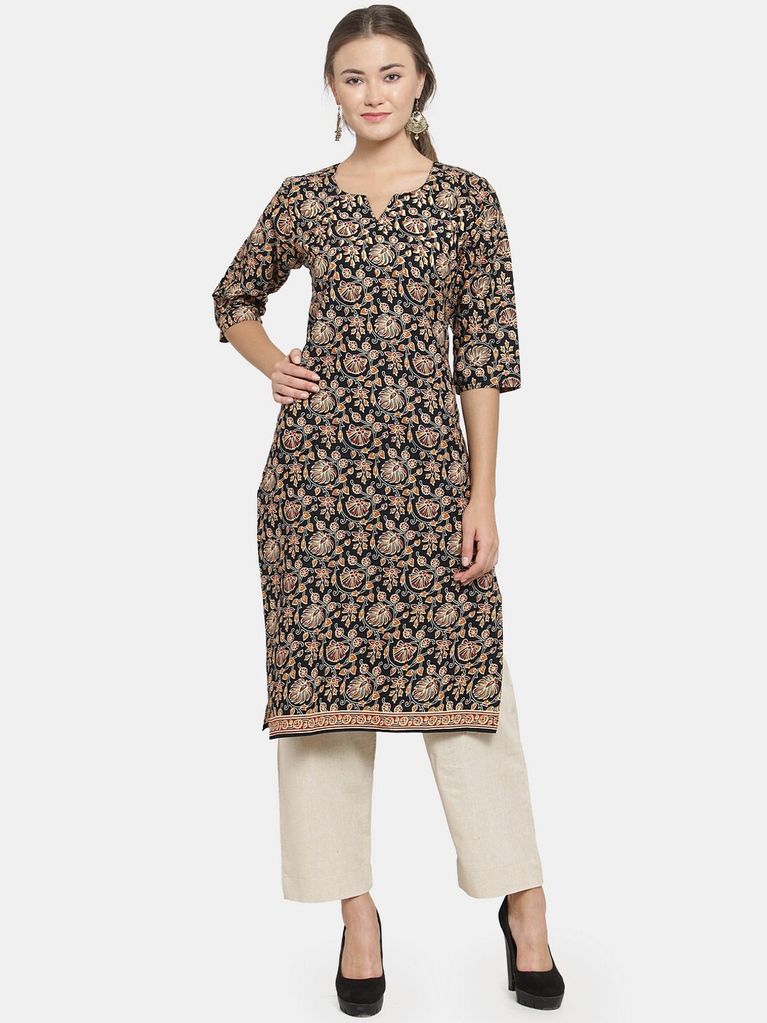 

Sayesha Women Black & Yellow Floral Printed Pure Cotton Straight Kurta