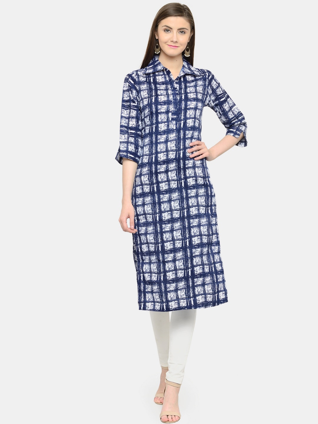 Sayesha Women Navy Blue Checked Straight Crepe Kurta