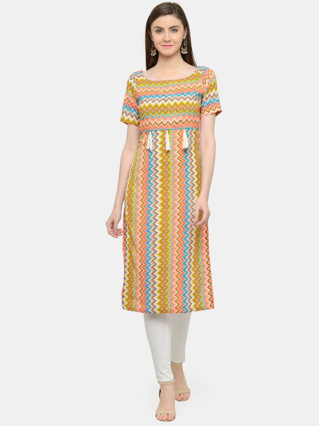 

Sayesha Women Beige & Multicoloured Geometric Printed Crepe Kurta