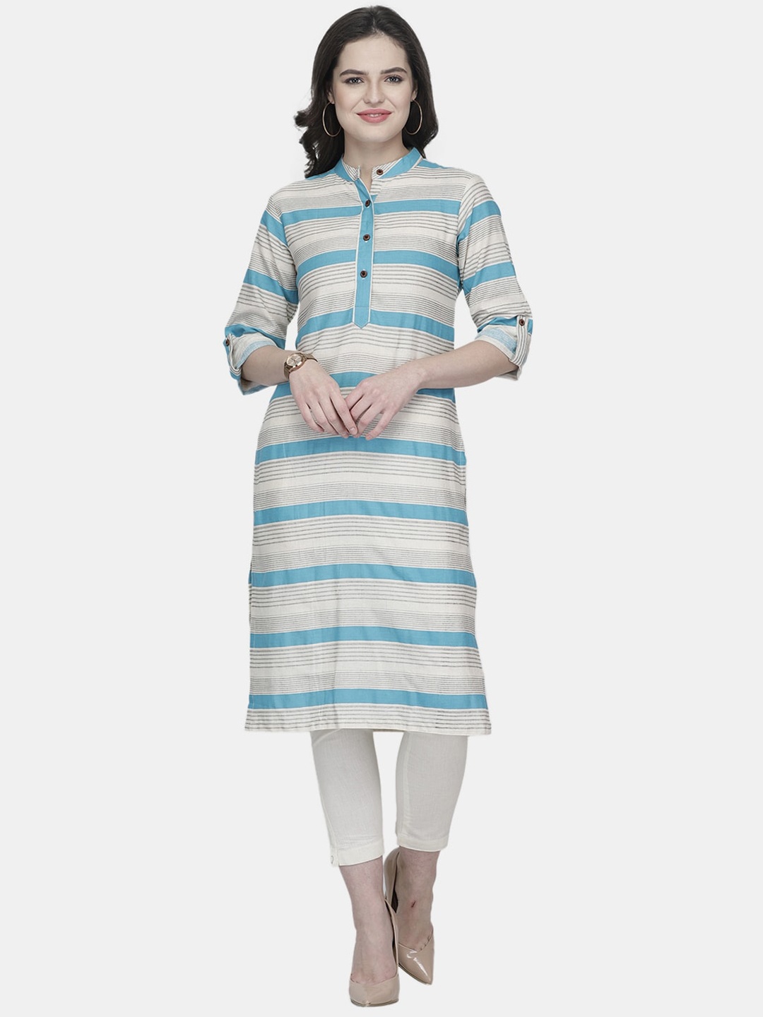 

Sayesha Women Blue & Grey Striped Pure Cotton Kurta