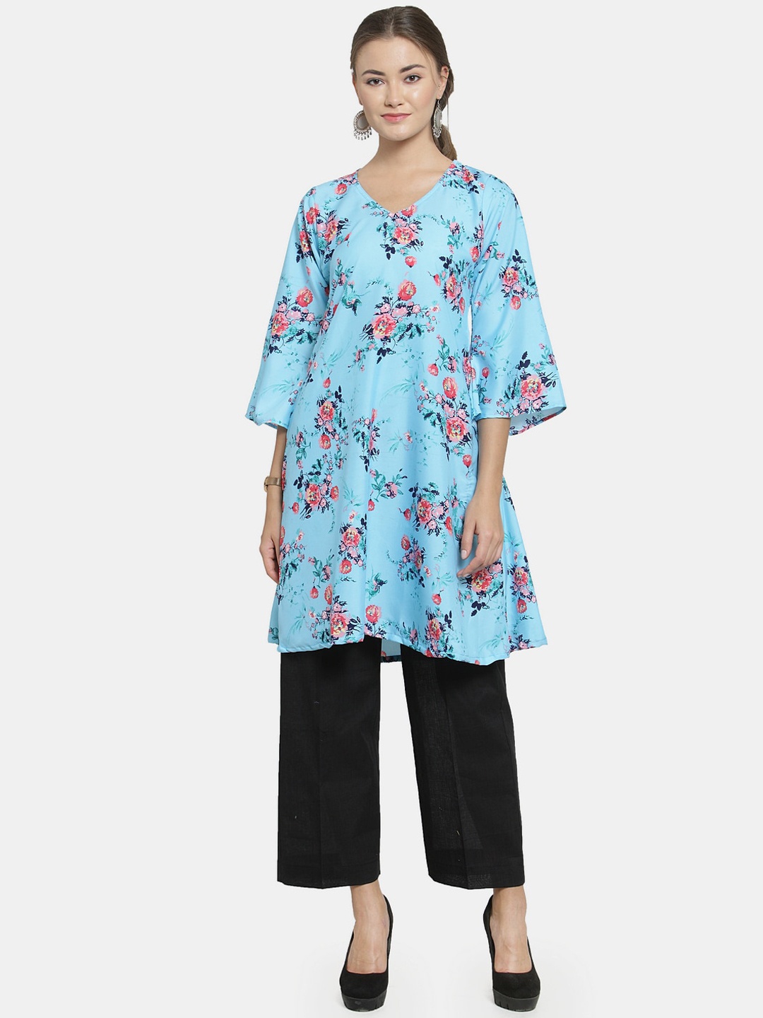 

Sayesha Women Blue Floral Printed V-Neck Flared Sleeves Crepe Kurta