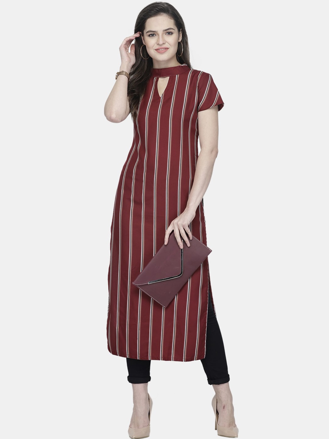 

Sayesha Women Maroon & White Striped Keyhole Neck Crepe Kurta