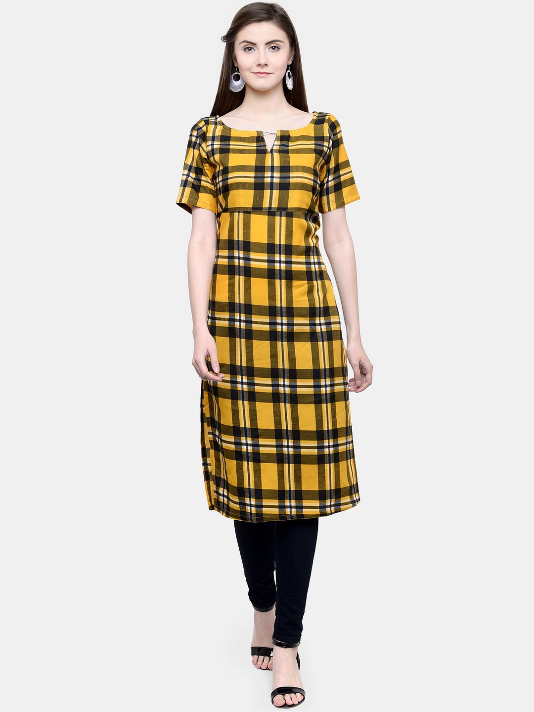 

Sayesha Women Yellow & Black Checked Keyhole Neck Crepe Kurta