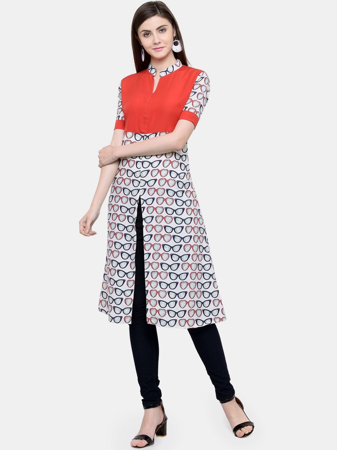 

Sayesha Women White & Red Quirky Printed Crepe A-line Kurta