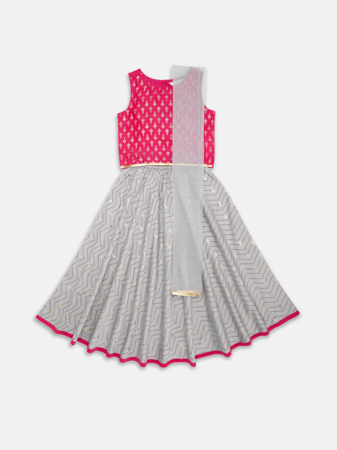 

AKKRITI BY PANTALOONS Girls Grey & Magenta Printed Lehenga Choli With Dupatta