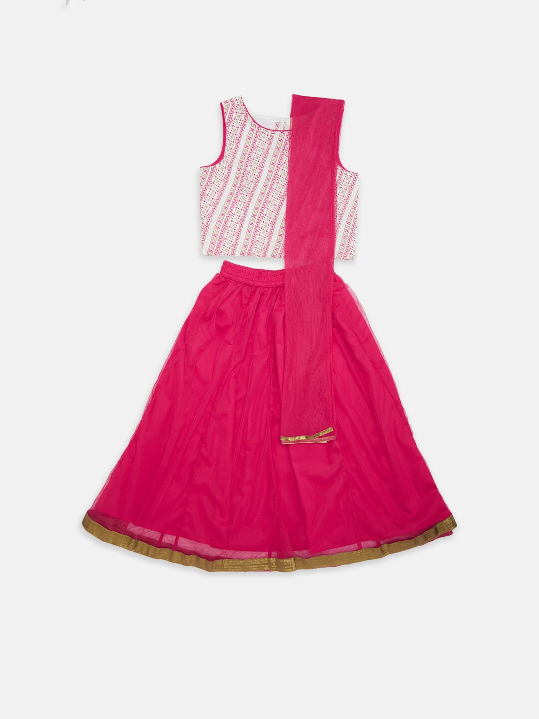 

AKKRITI BY PANTALOONS Girls Off White & Pink Printed Lehenga Blouse With Dupatta