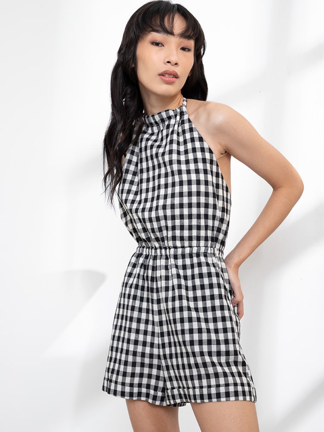 

ORIGIN BY ZALORA Black & White Linen Halter Neck Checked Jumpsuit