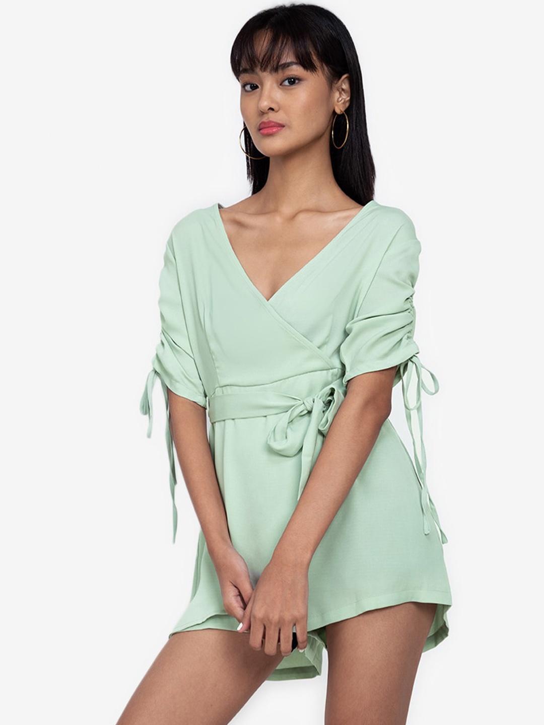 

ZALORA BASICS Sea Green Solid Ruched Sleeve Playsuit