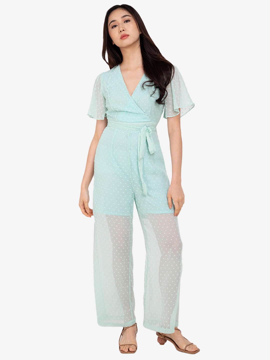 

ZALORA BASICS Sea Green Solid Wrap Bodice Basic Jumpsuit