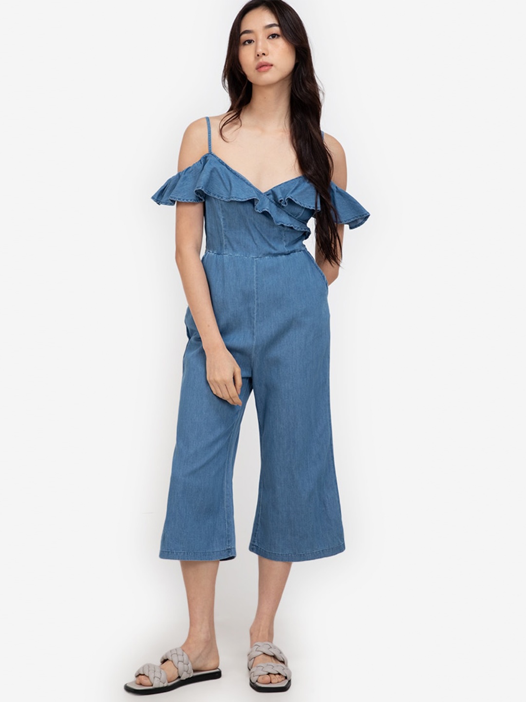 

ZALORA BASICS Blue Off-Shoulder Culotte Jumpsuit