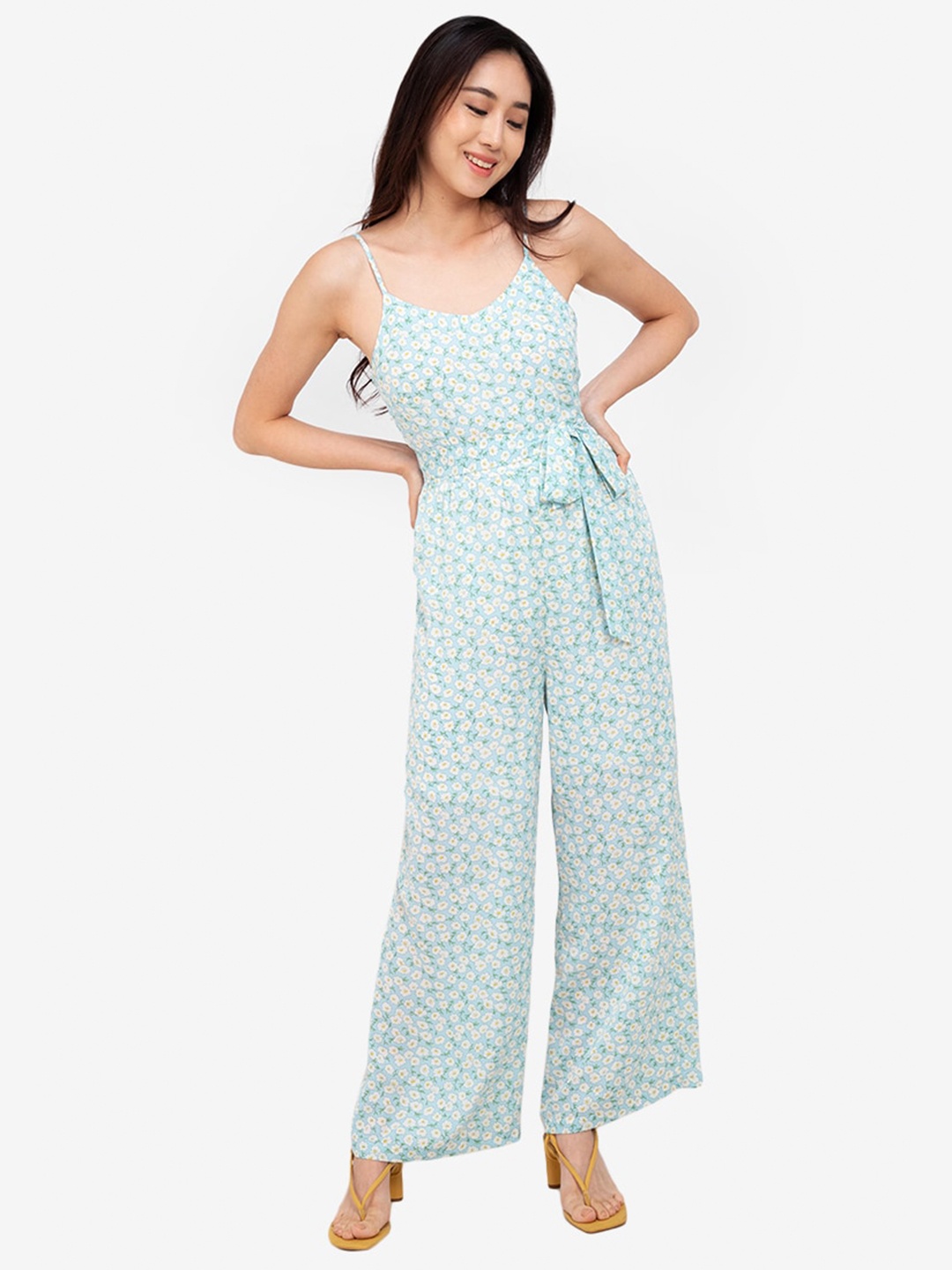 

ZALORA BASICS Turquoise Blue & White Printed Easy Cami Jumpsuit