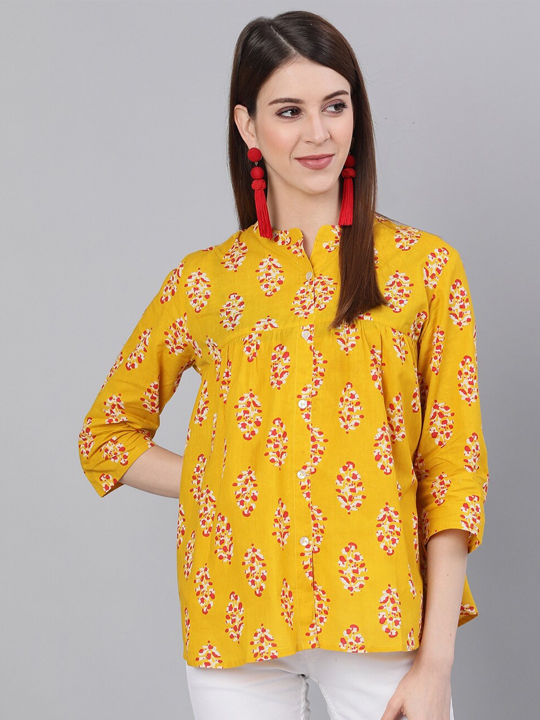 

antaran Yellow Floral Print Mandarin Collar Shirt Style Top