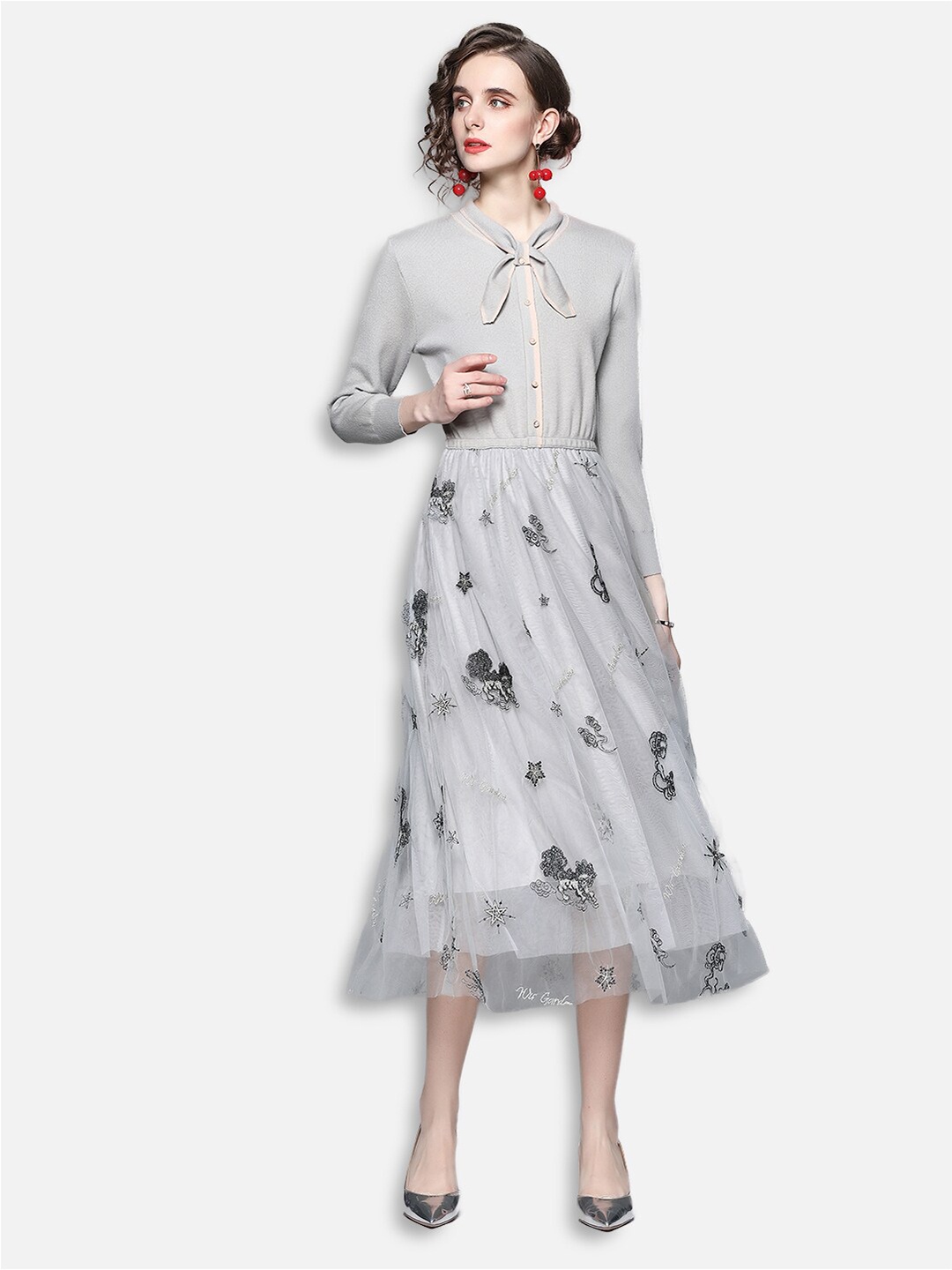 

JC Collection Women Grey Floral Midi Dress