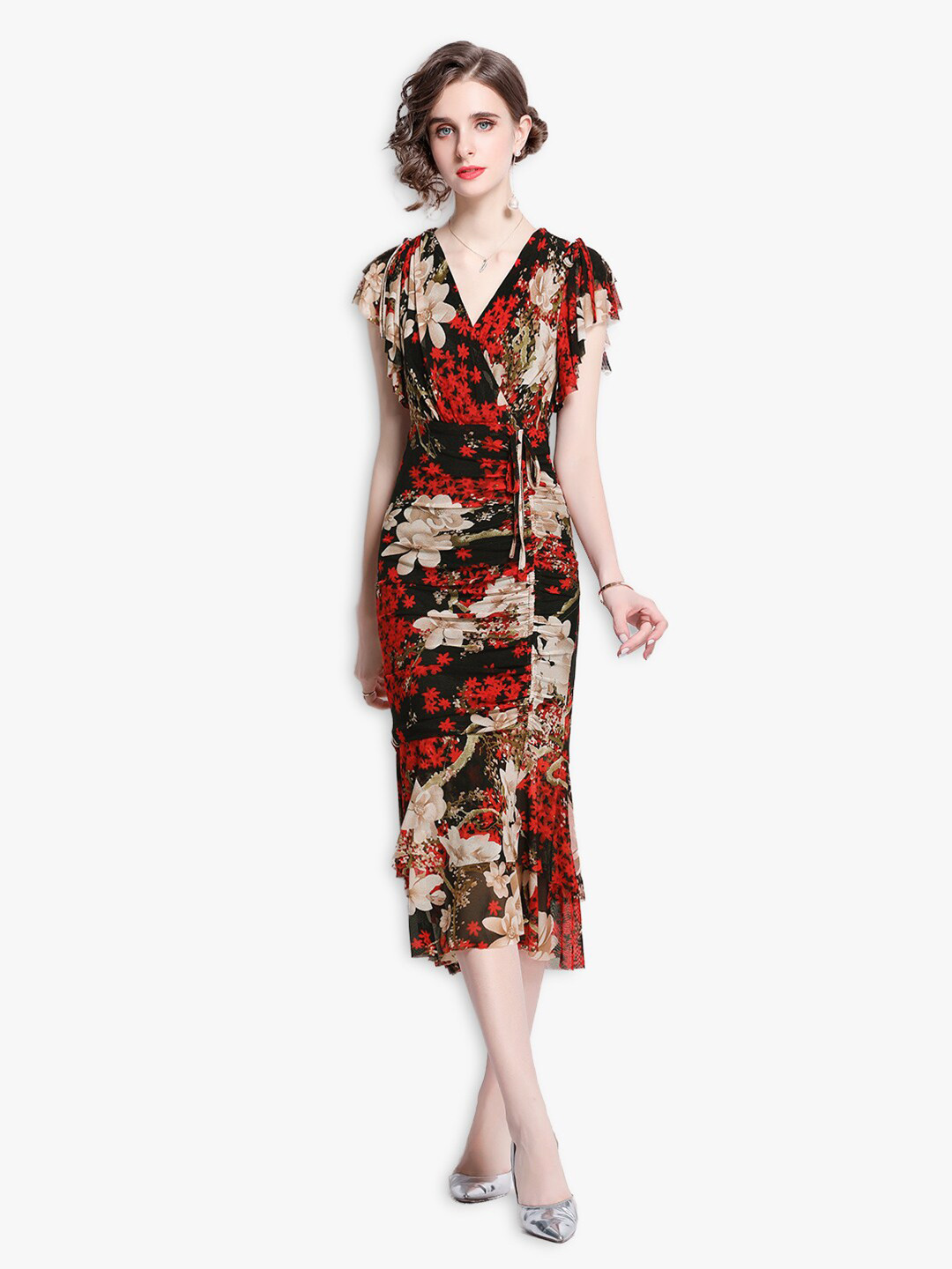 

JC Collection Red & Black Floral Printed Sheath Midi Dress