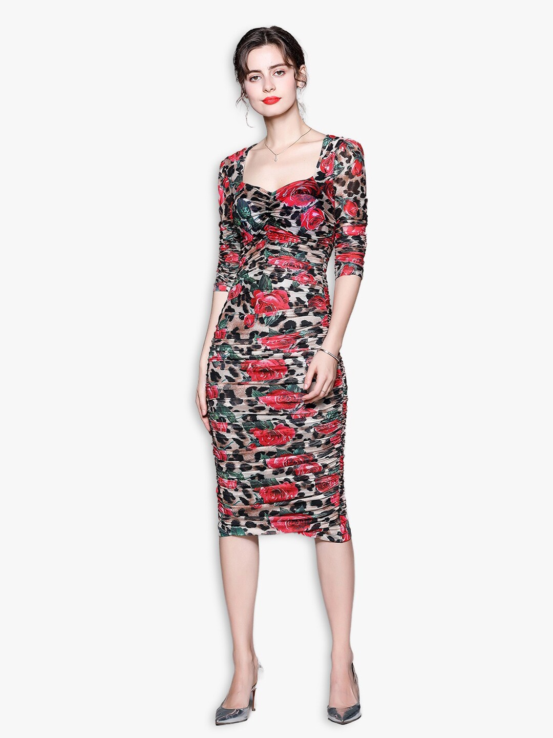 

JC Collection Red & Black Floral Printed Bodycon Midi Dress