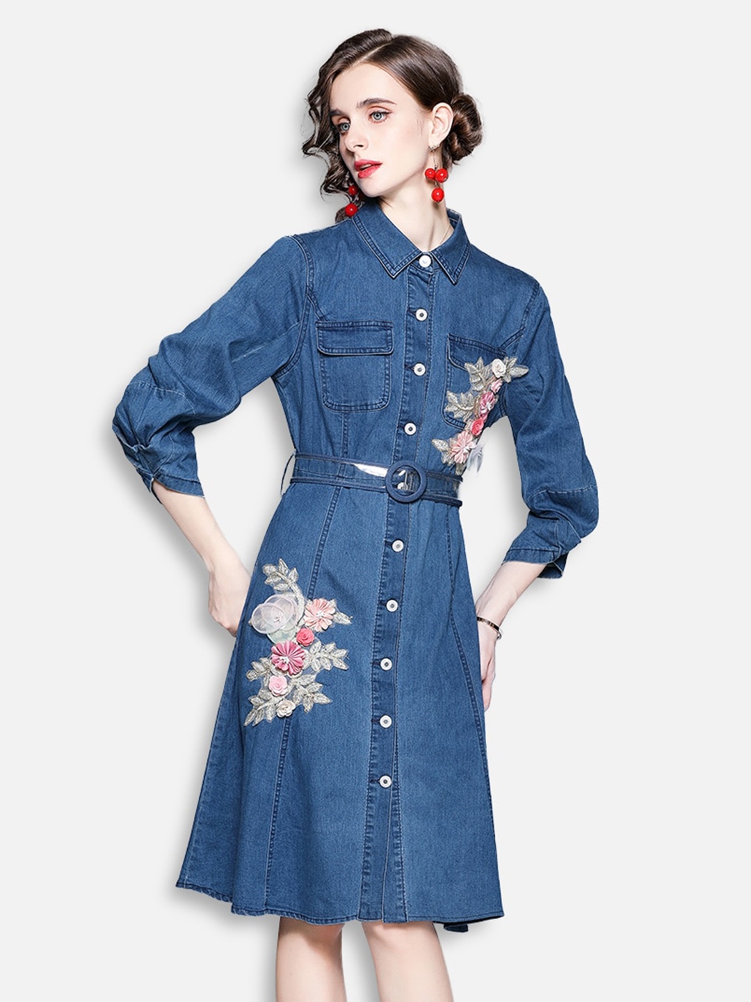 

JC Collection Blue Floral Embroidered Shirt Dress