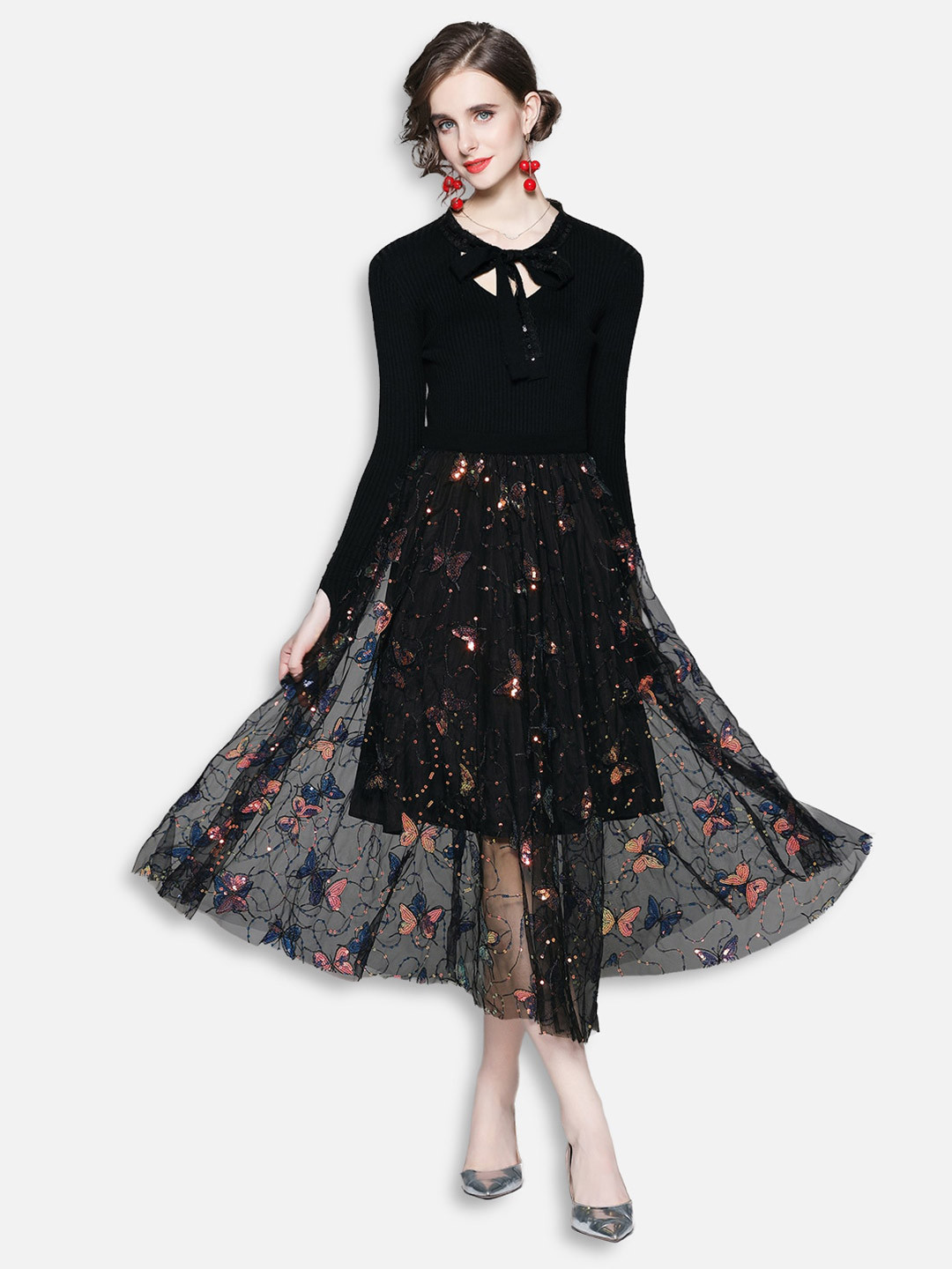

JC Collection Black Floral Sequin Detail Tie-Up Neck Midi Dress