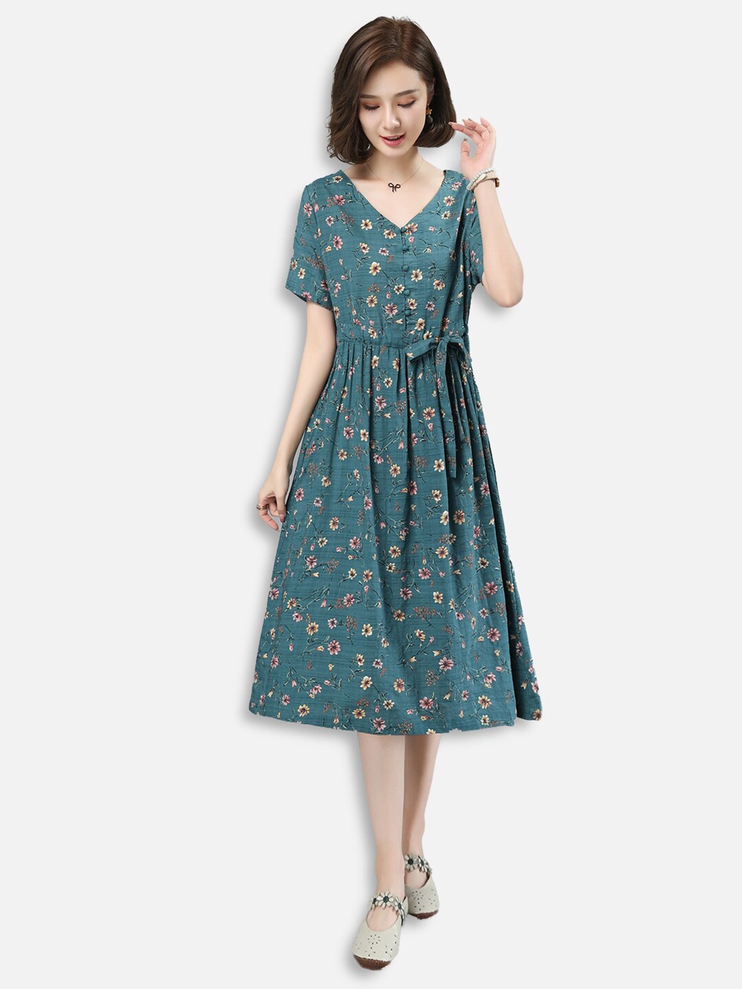 

JC Collection Women Green Floral A-Line Dress