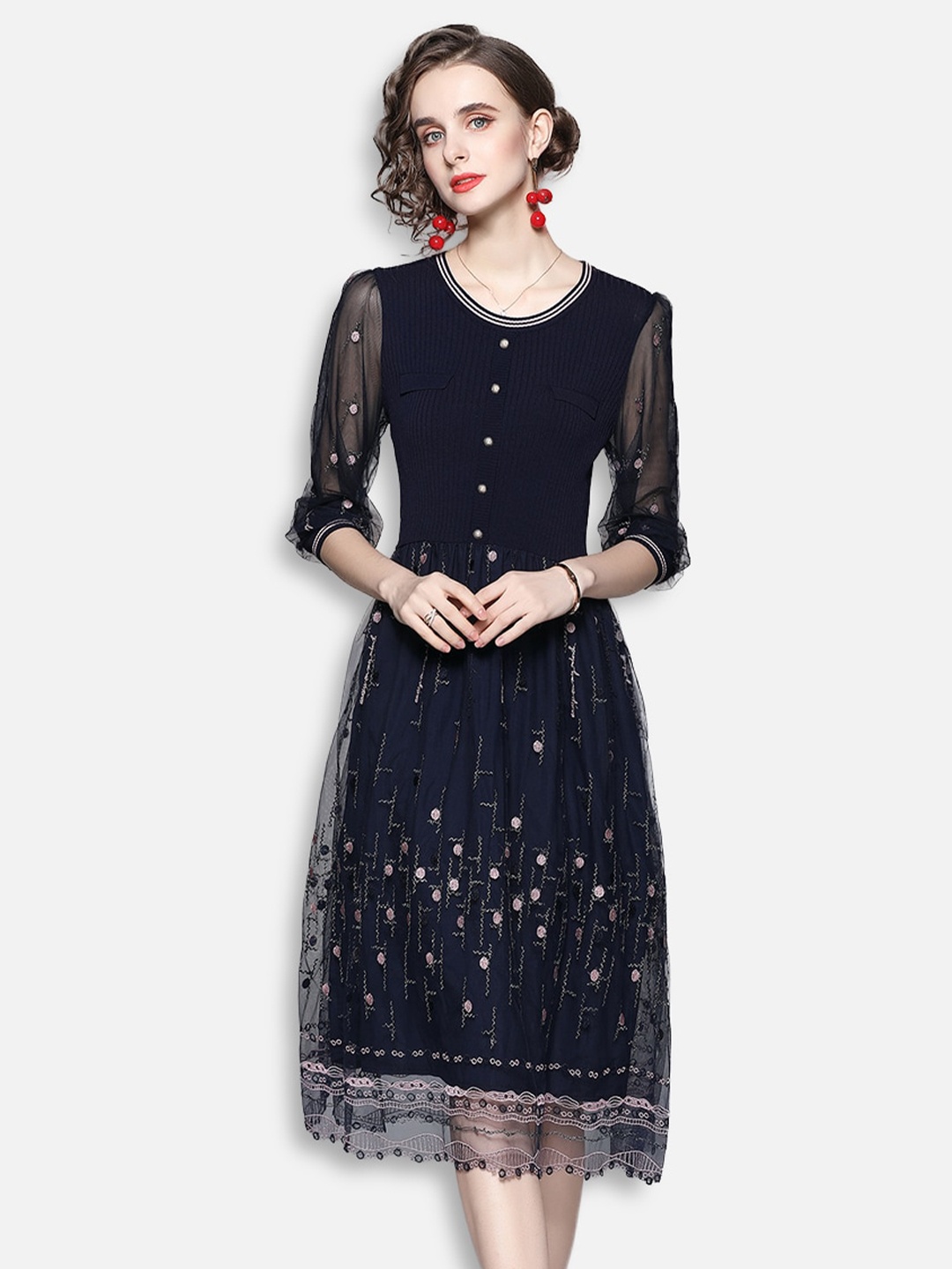 

JC Collection Navy Blue Floral Embroidered A-Line Midi Dress