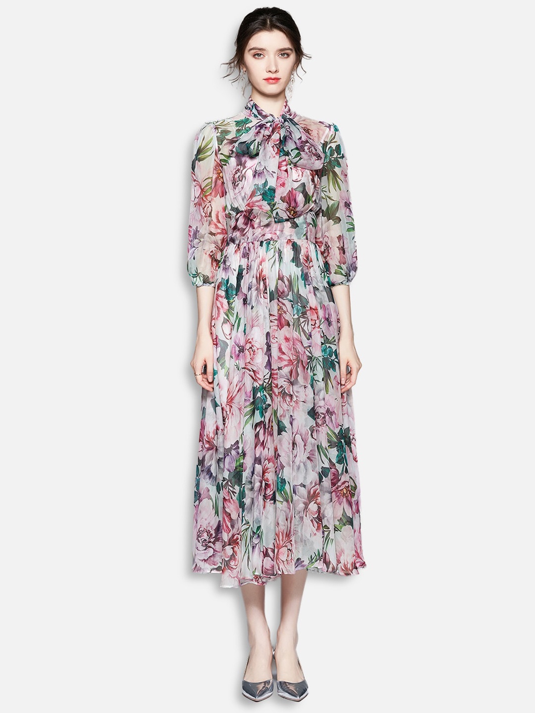 

JC Collection Multicoloured Floral Tie-Up Neck Midi Dress, Multi