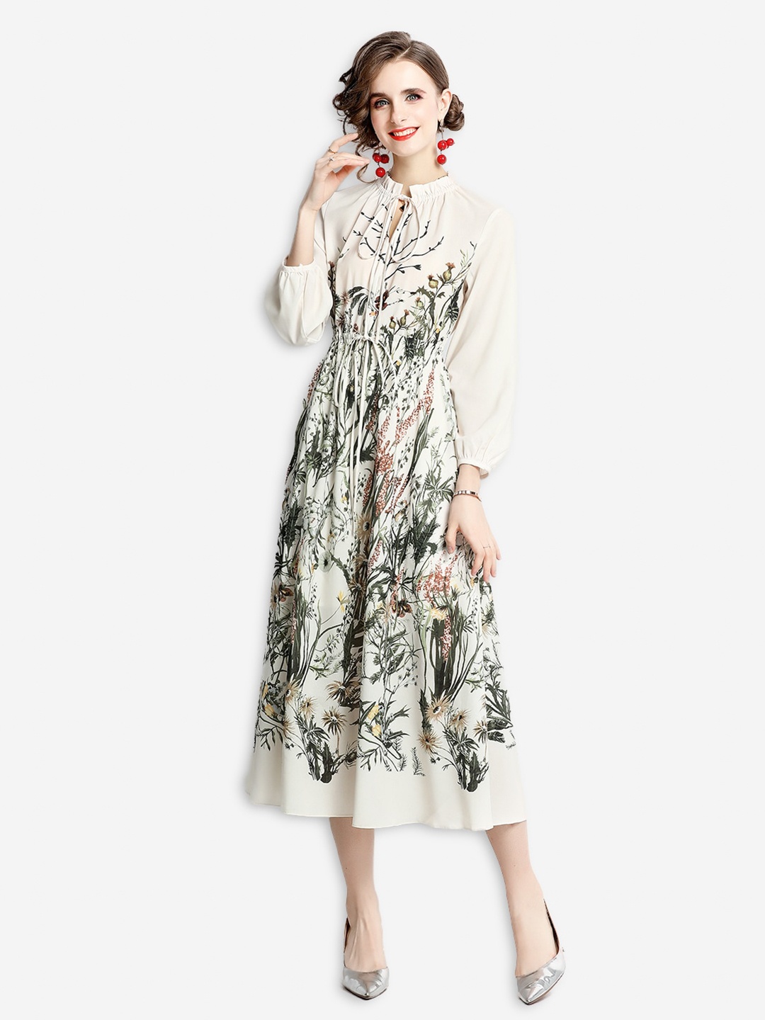 

JC Collection White & Green Floral Tie-Up Neck A-Line Midi Dress