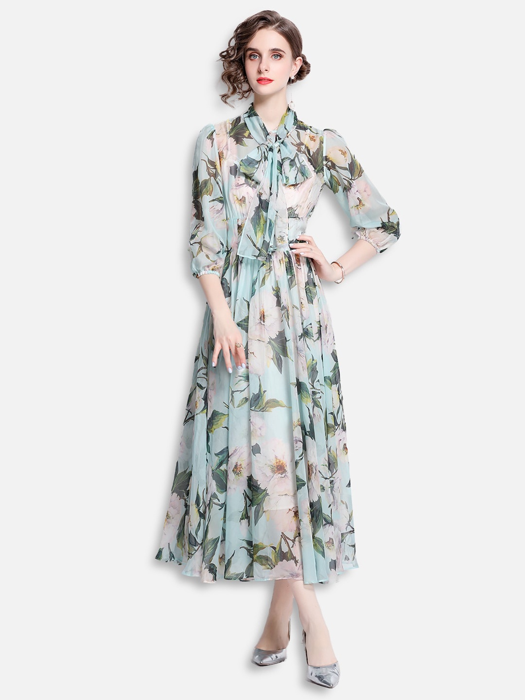 

JC Collection Green & Blue Floral Printed Maxi Fit & Flare Dress